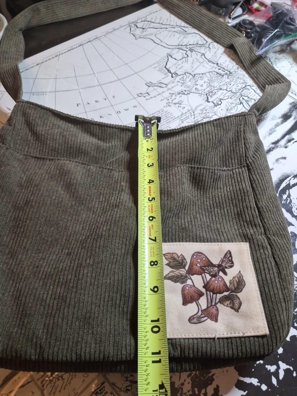 Corduroy Crossbody Bag with Mushroom Patch - Olive Green